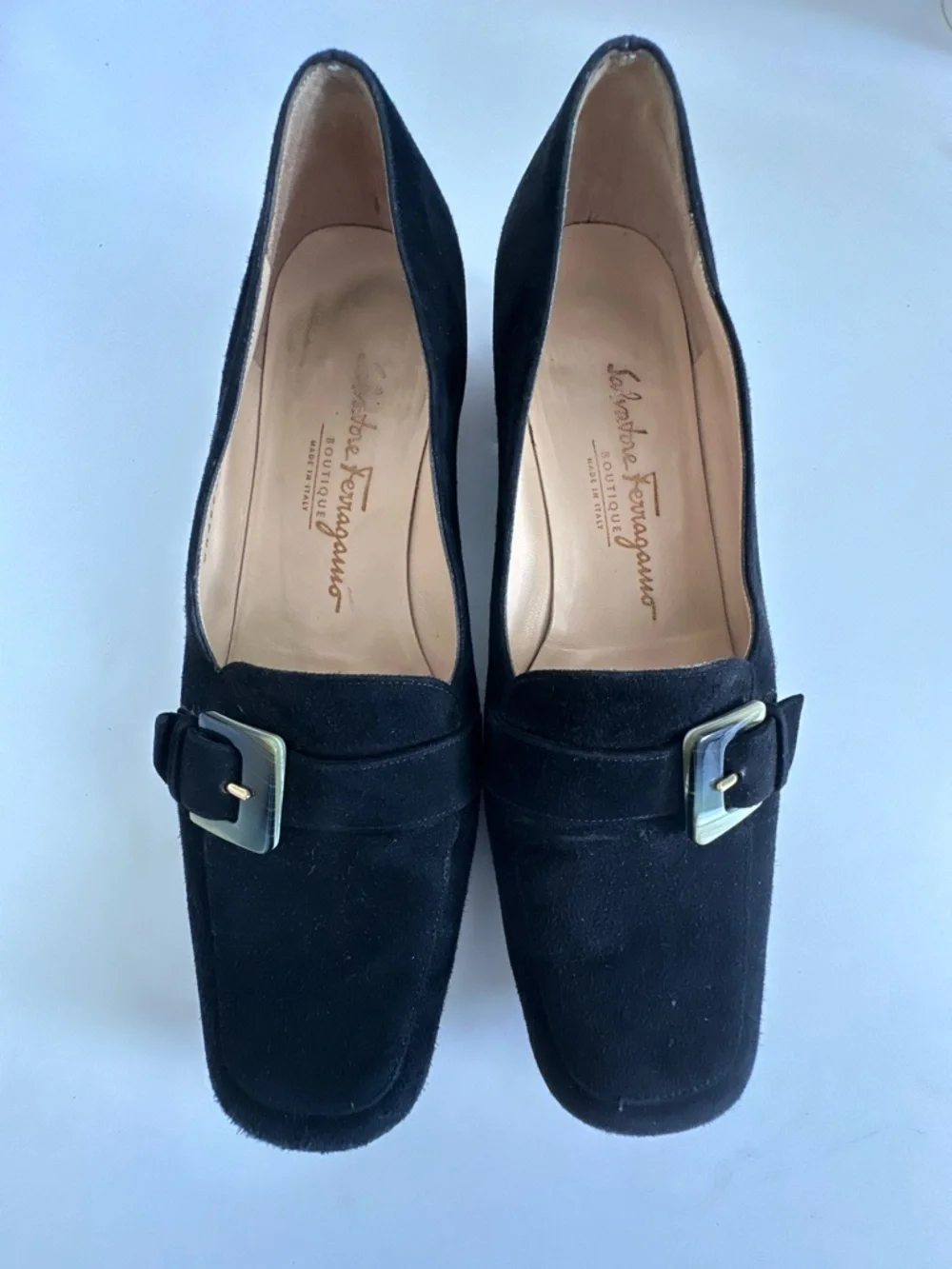 $950 SALVATORE FERRAGAMO Women’s Loafers Tortoiseshell Buckle Black Suede Size 8